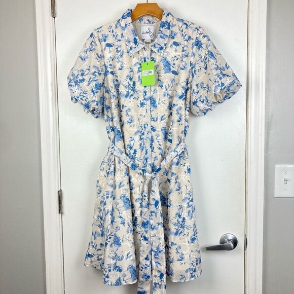 Sam Edelman Floral Embroidered Eyelet Puff Sleeve Mini Shirtdress White Blue, 14 - Picture 2 of 13